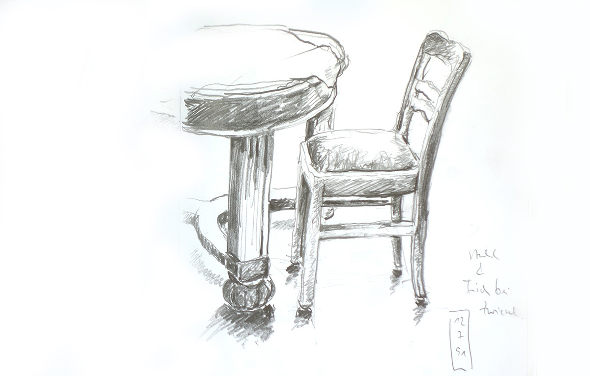 Stuhl und Tisch [Bleistiftzeichnung]