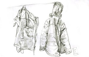 Zwei Winterjacken an der Garderobe [Zeichnung]
